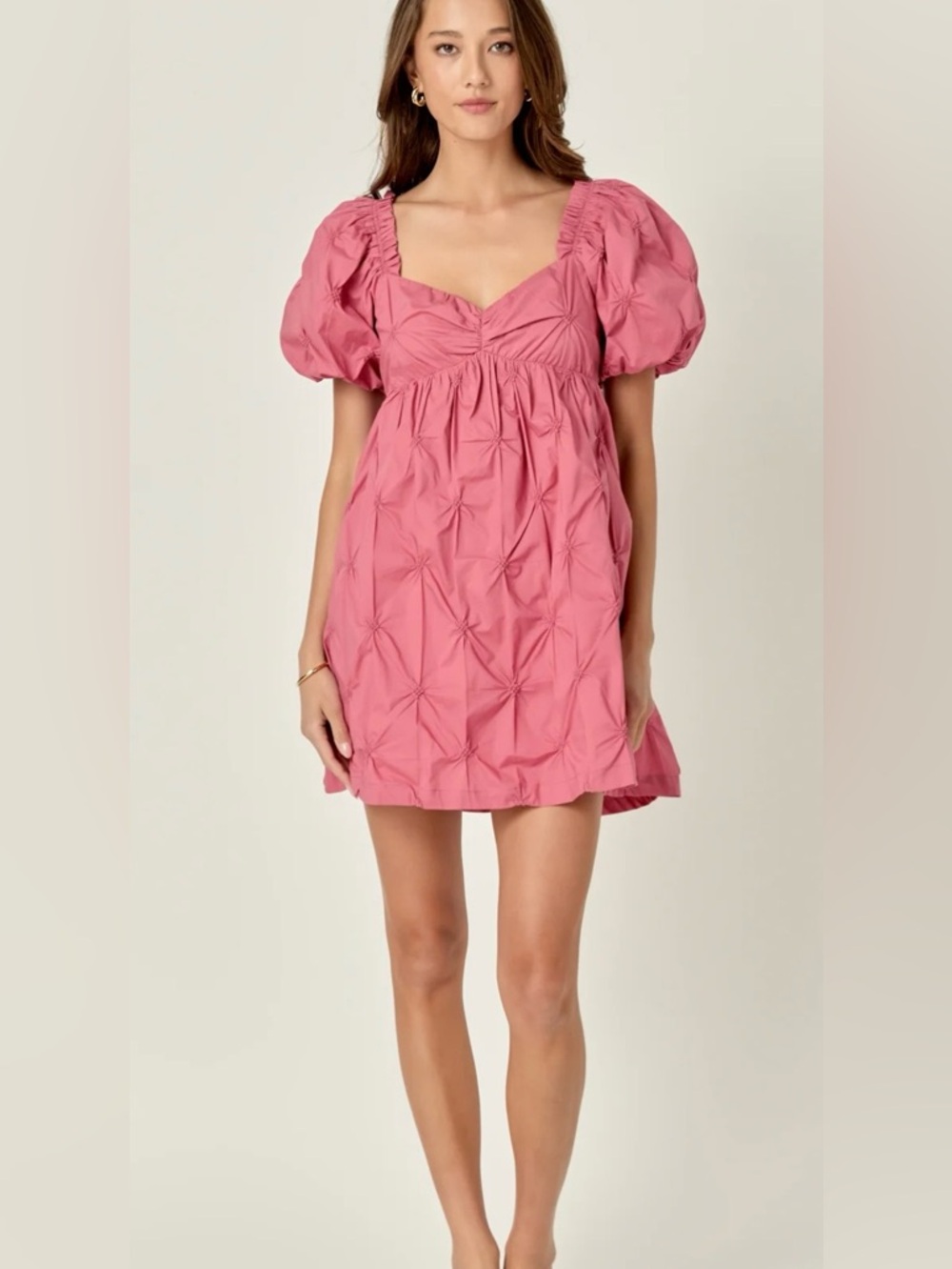 NWT English Factory Baby Doll Rose-Pink Puff-Sleeve Textured,Mini Dress,Cotton,M